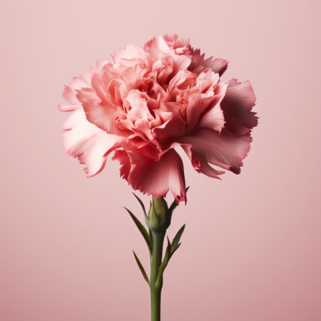 a pink carnation flower, isolated on a pink background, is captured in a close-up shot. this stock photo showcases the flower's vibrant color and delicate petals. the image is in the style of 8k resolution, with minimalistic compositions that are accurate and detailed. it evokes a moody atmosphere, reminiscent of baroque-inspired still lifes. ai generatedの素材