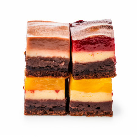 four cheese cakes in four flavors, including dark crimson and dark amber, are displayed side by side. the cakes are arranged in a visually appealing multi-layered geometry, with saturated stripes and candycore patterns. the exciting texture and rectangular fields create a sense of depth, highlighting the layers of deliciousness in each cake. ai generatedの素材