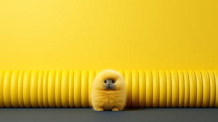 a puppy posing in front of yellow stripes on a yellow wall. this rendered image, created in cinema4d, showcases attention to detail in the fur and feathers texture. the composition features spherical sculptures, minimalist monochromes, soft and rounded forms, and draws inspiration from oriental minimalism. this stunning visual is a testament to the capabilities of intel core processors. ai generatedの素材
