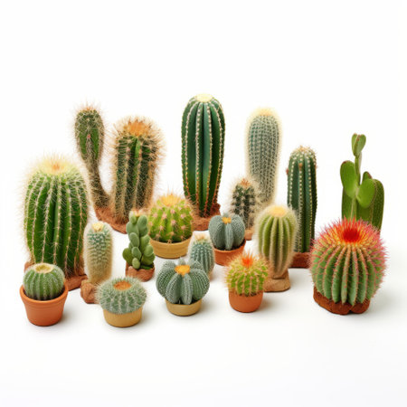 a group of cactus in small pots is showcased on a white background in this high-detailed, large-scale photography by tetsuya nomura. the realistic and lifelike figures exude unpolished authenticity, with their brightly colored appearance adding a vibrant touch to the composition. ai generatedの素材