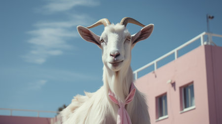 a goat posing in a pink dress stands gracefully against a vibrant pink building. this captivating photo, reminiscent of michael shainblum's style, showcases the use of anamorphic lens and soft-focus portraits. the close-up intensity, combined with the white and azure backdrop, creates a realistic portrayal reminiscent of the work of dan matutina. ai generatedの素材