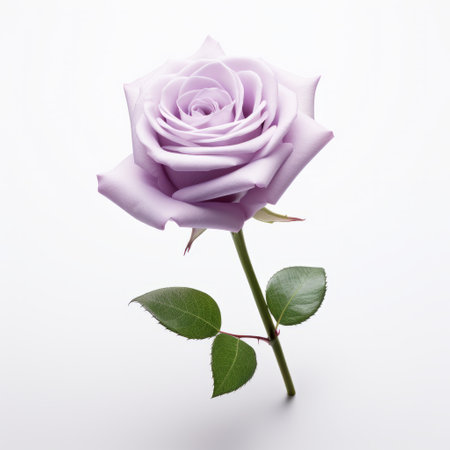 a pink rose with leaves on a white background, featuring a light purple and light indigo color scheme. this photo showcases ambient occlusion and minimal retouching, creating a serene and natural aesthetic. it is a still life focus image, captured in a trace monotone style. this associated press photo can be found on flickr. ai generatedの素材