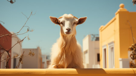 a white goat perches on a wall, framed by a vibrant building in light orange and gold hues. this tabletop photograph captures the essence of stereotype photography, with soft-focus portraits and animated gifs. the scene is brought to life with a palette of lively colors, including light yellow and sky-blue. ai generatedの素材
