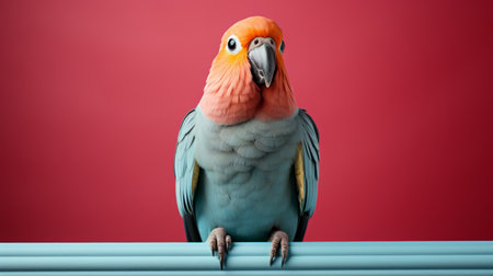 blue bird perched on a railing against a vibrant red background. this captivating photo, reminiscent of object portraiture, showcases the bird's stunning colors. the expert use of light creates a beautiful interplay of emerald and orange hues. with vray tracing, the image exudes a lifelike quality. a national geographic-worthy shot, it captures the harmonious connection between animals and people. the teal and pink accents addの素材