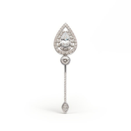 a white gold pear-shaped earring adorned with two teardrop-shaped diamonds, showcasing a renaissance-inspired draftsman style. this high-quality, 8k uhd image captures the glamorous pin-up aesthetic and the elegance of elongated shapes. the photo highlights the intricate minimalism of the design. ai generatedの素材