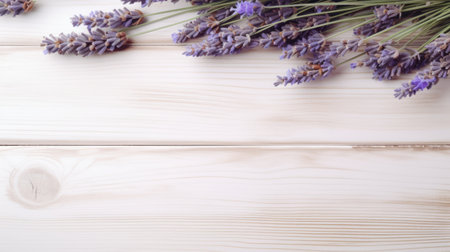 lavender leaves arranged on a wooden table, showcasing a clean and simple design. the open background adds to the natural simplicity of the image. the asymmetrical framing and striped arrangements give it an innovative page design, while still maintaining a traditional craftsmanship feel. the photo captures the beauty of the lavender leaves, creating a visually pleasing composition. ai generatedの素材