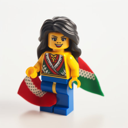ms. li's face in lego form is captured in this photo, accompanied by a sword. the image showcases a unique blend of indian traditions and mexican folklore-inspired elements. with dynamic movement and selective focus, the photo resembles a persian miniature. the inclusion of superheroes adds an exciting touch to the composition, which is enhanced by the use of octane render. ai generatedの素材