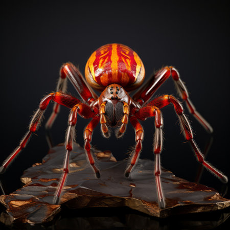 a large spider with a red color and black background is depicted in this hyperrealistic rendering. the spider's body features dark amber and silver tones, with striated resin veins adding intricate detail. the image showcases the technique of focus stacking, resulting in a highly detailed and lifelike portrayal. the spider is set against colorful woodcarvings, embodying the expressive characters of sumatraism. ai generatedの素材