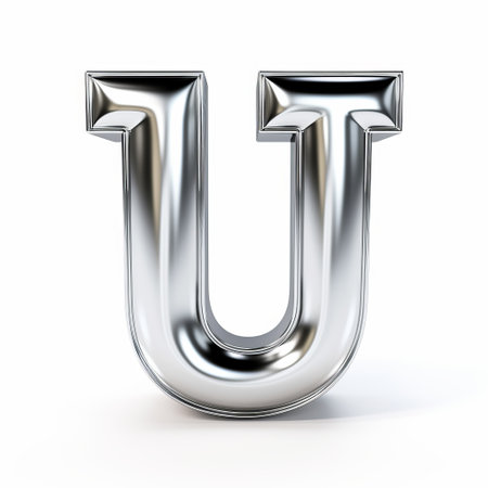 a mirror-finished letter "u" stands out against a white background, showcasing a liquid metal style. this captivating image, created by john wilhelm, features a unique blend of vray tracing, chromepunk, ue5, and algeapunk elements. ai generatedの素材