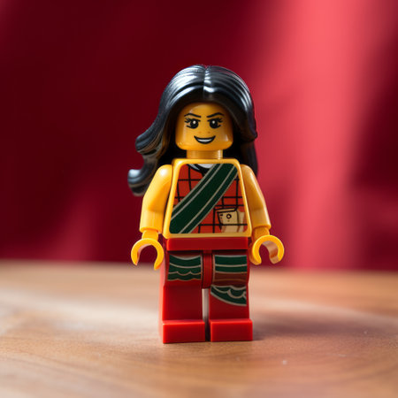 a lego asian woman with big round eyes is depicted in the style of indian pop culture. the image showcases a depth of field, with a combination of light red and dark green colors. the varied brushwork techniques used create a visually striking effect. the lego figure is shown in a full-body pose, with bold and angular features that exude a sense of heroic masculinity.の素材