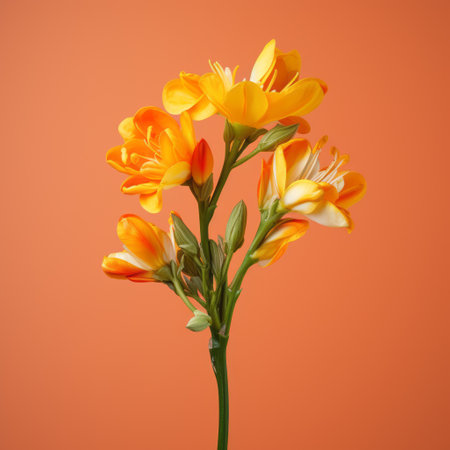 tiny rampion flowers bloom vibrantly against an orange background, showcasing the artistic style of unreal engine 5. this captivating image boasts dynamic color combinations, hyper-realistic details, and smooth brushwork. the bold use of color adds an extra touch of visual impact to this stunning composition. ai generatedの素材
