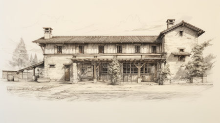 an old building in a courtyard is depicted in this drawing sketch, which forms a part of a scene of a fantasy city. the sketch is done in the style of rustic americana, with subtle and earthy tones. it showcases precisionist influences, reminiscent of whistlerian art, and incorporates architectural elements. the lifelike renderings and traditional craftsmanship add depth to the artwork. ai generatedの素材