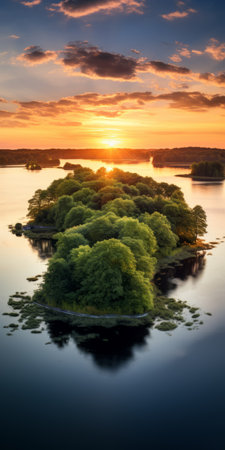an aerial view of a tree-covered island, reminiscent of dutch landscapes, is captured in golden light. this landscape art, taken with a canon eos 5d mark iv, showcases the enchanting blend of light bronze and green hues, perfectly encapsulating the essence of nature. ai generatedの素材