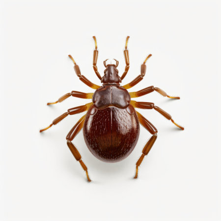 a tick, photobashed in dark crimson and bronze, is showcased on a white background. the full body tick is depicted in light orange and white, with naturalistic poses and meticulous attention to detail. ai generatedの素材