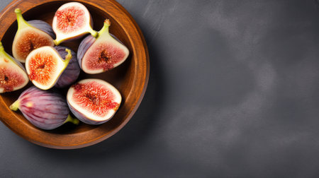 ripe figs in a brown bowl on a dark background with copy space. the photo showcases a flat and graphic style, combining light violet and dark gray colors. the wooden elements add a touch of naturalness to the composition, while the distinct shapes of the figs and the marble surface create an intriguing contrast. ai generatedの素材
