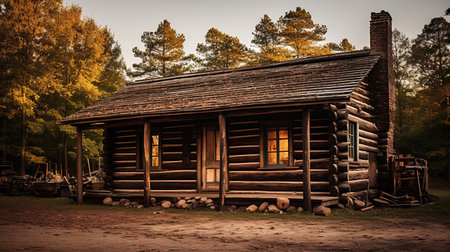 a small log home nestled in a picturesque pine forest, capturing the essence of historical themes. bathed in golden light, this color photograph, reminiscent of the pioneering work of roger deakins, beautifully captures the serene moments of nature. the image also evokes the charm of western-style portraits, all brought to life in stunning 8k resolution. ai generatedの素材