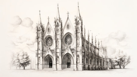 a sketch of a neoclassical-style church in new york city, featuring realistic and hyper-detailed renderings. the church showcases gothic revival elements with its steeples, windows, and delicate constructions. the image is captured in ultra-high definition, highlighting the intricate marble work and neoclassical symmetry. ai generatedの素材
