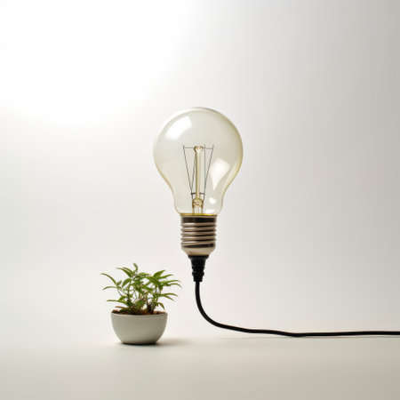 a small potted plant sits beside a light bulb adorned with a string, reminiscent of the artistic style of yukimasa ida. this clever and electric composition exudes outlandish energy, drawing inspiration from the works of petrina hicks and robert irwin. the intuitive arrangement captures attention and sparks curiosity. ai generatedの素材