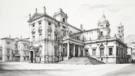 a black and white drawing of a highly detailed, very large religious building in the style of parmigianino, craig mullins, and antonio mancini. the drawing showcases a frontal perspective of the building, with intricate marble details and a focus on creating a realistic and immersive environment. ai generatedの素材