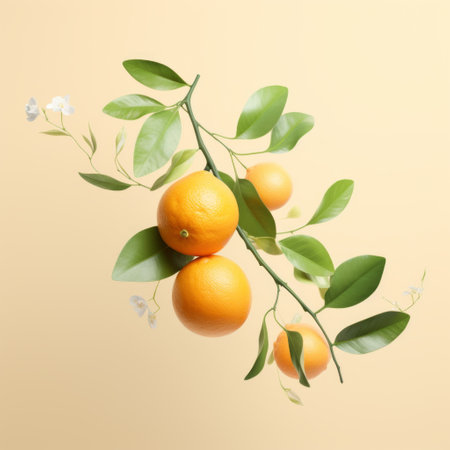 orange fruits and leaves are showcased in this 3d view, set against a light background. the composition exudes graceful balance and layered imagery, with a touch of subtle irony. inspired by advertisements, the post-painterly style highlights the light orange hues. delicate flora depictions are captured, emphasizing the contrast-focused nature of the photograph. ai generatedの素材