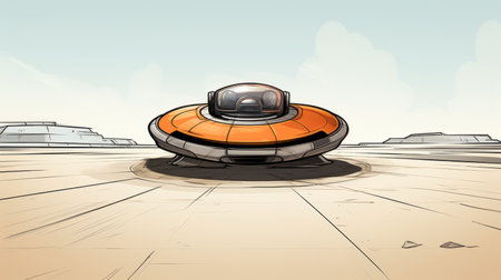 a cartoonish and simplified depiction of a star wars spacecraft is seen on a desert landscape. the spacecraft, designed by todd nauck, features a rounded shape with silver and orange colors. the urban environment surrounding it is captured through a fish-eye lens, while a reduced color palette adds to the overall aesthetic. ai generatedの素材