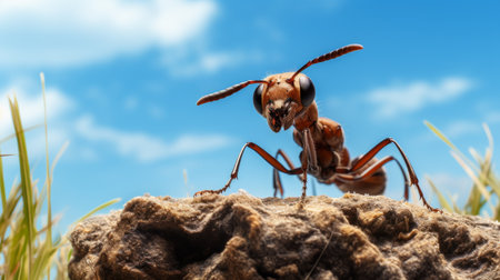 an ant perched on a rock basks in the warm sunlight, against a backdrop of realistic blue skies. the image captures explosive pigmentation and dynamic facial expressions, with a touch of exaggeration. the vibrant colors of light amber and sky-blue create a visually striking scene. taken by todd mcfarlane, the photograph showcases a beautiful contrast of light red and brown tones. ai generatedの素材