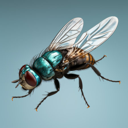 a fly with blue wings is captured in a hyper-detailed rendering on a blue background. the realistic and vibrant colors of light maroon and dark emerald create an explosive pigmentation. this stunning image, created in cinema4d, showcases the intricate beauty of the fly's wings. the light cyan and gold accents add a touch of elegance to the composition. find this captivating photo on flickr. aiの素材