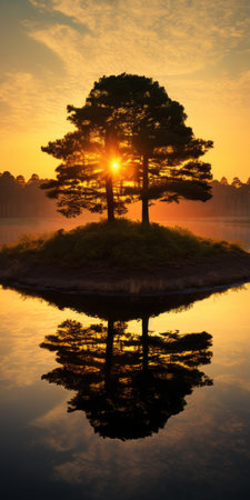 a tree stands on a small island surrounded by trees on the water's surface. this backlit photograph, inspired by jan van goyen, showcases a symmetrical arrangement of yellow and orange hues. the uhd image captures the romantic and dramatic landscapes with a soft-focus technique. ai generatedの素材
