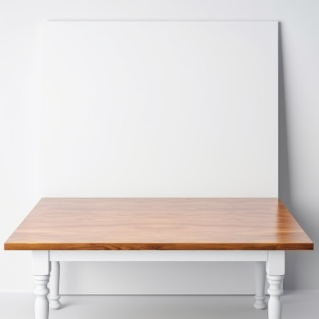a white table is placed in a white room, capturing the essence of a large format lens. the panel composition showcases the mastery of design, highlighting the varying wood grains. the high resolution image brings out the vibrant stage backdrops, reminiscent of advertisement-inspired aesthetics. the screen format adds a modern touch to this captivating photo. ai generatedの素材