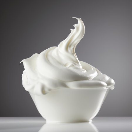 whipped cream and white milk with vanilla on a grey background, perfect for photo editing. this ambient sculpture-style image features bold curves and flattering lighting. shot at iso 200, the unpolished aesthetic is enhanced by vignetting. the distinctive noses add a unique touch to this captivating composition. ai generatedの素材