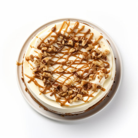 a dessert featuring caramel frosting and walnuts is beautifully presented on a white plate. this mouthwatering creation, reminiscent of the artistic styles of mike campau, reefwave, david burdeny, and steinheil quinon 55mm f19, captures the essence of contemporary aesthetics. with a touch of nostalgia from the 1970s to the present, this delectable treat is a true masterpiece. ai generatedの素材