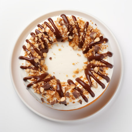 fudge pecan chocolate cheesecake on a white background, captured in the style of contemporary candy-coated aerial photography. this high-quality photo by greg olsen showcases the twisted and indulgent dessert, with its rich brown color and tempting white swirls. ai generatedの素材