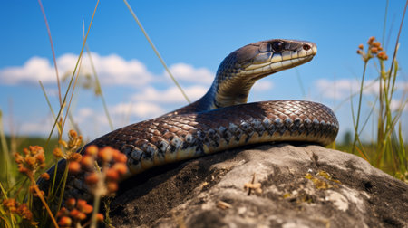 a snake rests on a rock adorned with flowers, against a backdrop of realistic blue skies. the image captures the dark navy and light brown tones, exuding a youthful energy. the close-up shot intensifies the cobra's exaggerated features, showcasing its beauty and power. this high-resolution photo boasts 20 megapixels, ensuring stunning detail and clarity. ai generatedの素材
