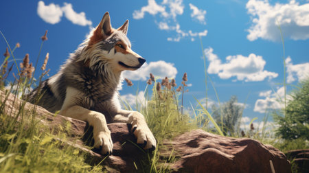 a photo of a game on android called "wolf in the wild" is showcased in this image. the game is available for free download and features stunning landscapes rendered in cinema4d. the soft and dreamy landscapes are enhanced with lens flare, creating a photo-realistic experience. the image showcases the game's 32k uhd resolution, with a color palette of light sky-blue and dark amber. the chillingの素材