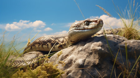 apex predator snake perched on a rocky cliff amidst lush grass, capturing the essence of realistic blue skies and hyper-realistic atmospheres. shot with iso 200, this image showcases the mesmerizing desertwave landscape, while the photo-realistic detailing and texture-rich elements bring the scene to life. ai generatedの素材