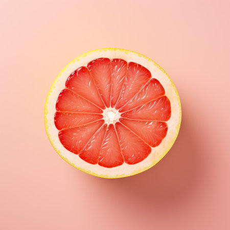 a grapefruit sits on a vibrant pink background, showcasing a photorealistic rendering with minimal retouching. the image features layered imagery with subtle irony, inspired by the larme kei style. the color palette includes light gray and red, creating a warmcore effect. the overall look is crisp, clean, and visually appealing. ai generatedの素材