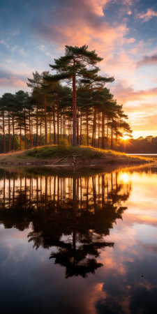 sunset reflected in a serene lake, showcasing the beauty of traditional british landscapes. the vibrant hues of light amber and red create a captivating scene amidst the lush trees and grass. this national geographic photo captures the grandeur of scale and the lively coastal landscapes. a perfect embodiment of forestpunk and cabincore aesthetics. ai generatedの素材