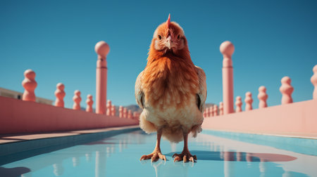 a crockery chicken, inspired by the artistic styles of unreal engine 5, wes anderson, and john wilhelm, stands on a concrete pool. this photo showcases photo-realistic techniques, with a low-angle perspective and a solarizing master effect. the color palette features light red and cyan tones, creating a visually striking composition. ai generatedの素材