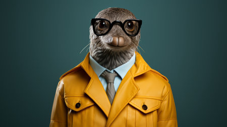 a seal wearing a dark jacket poses for a quirky portrait. the image showcases a unique style with a touch of dark yellow, combining photobashing and hyperrealistic techniques. the seal's costume design is stylish, adding to the overall aesthetic. this rendering in maya captures the essence of frogcore, creating an intriguing visual experience. ai generatedの素材