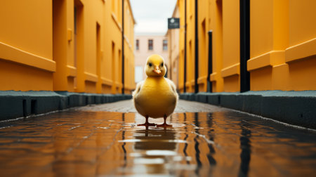 a yellow duck, reminiscent of john wilhelm's style, stands on the sidewalk. this captivating image by marcin sobas captures trapped emotions. the uhd image showcases the raw street photography essence, enhanced by focus stacking techniques. duccio's influence is evident in this thought-provoking composition. ai generatedの素材