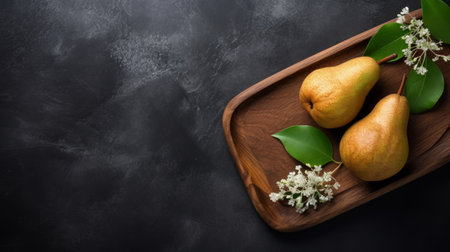 three pears on a board, placed on a dark wooden surface, showcasing a blend of traditional vietnamese and minimalistic japanese styles. the composition highlights the delicacy of touch, reminiscent of sofonisba anguissola's art. this image beautifully combines natural and man-made elements, resulting in tightly cropped compositions with flower and nature motifs. ai generatedの素材