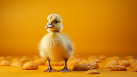 a small, adorable duck poses gracefully amidst a backdrop of vibrant green eggshells. this charming scene, rendered in cinema4d by janek sedlar, features a warm color palette with light orange and yellow hues. the soft-focus portraits highlight the duck's endearing presence, while the use of rtx technology adds a touch of realism to the image. ai generatedの素材