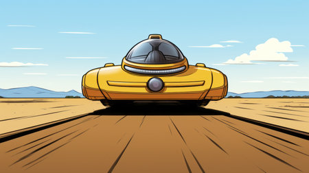 the frankenstein spacecraft, featuring a spaceship attached to its air frame, soars through a desert landscape. this unique image combines elements of classic american cars, with its yellow and amber color scheme, bold manga lines, and a touch of seapunk aesthetic. the streamlined design and rounded forms, reminiscent of the minolta riva mini, add to the overall visual appeal. ai generatedの素材