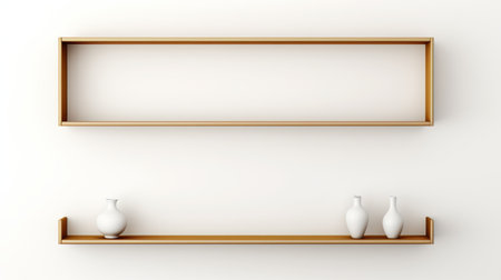 three blank white shelves on a white wall, featuring a light brown and gold cartoonish simplicity. this artwork by carl holsoe showcases bold lines, vibrant colors, and a monochromatic color scheme. with its subtle use of light and shadow, this high-resolution piece in 8k resolution captures a visually striking composition. ai generatedの素材