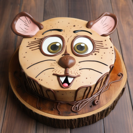 a chocolate cake with a mouse inside, featuring dynamic and exaggerated facial expressions reminiscent of oleksandr bogomazov's artwork. the cake is adorned with light brown and brown colors, resembling colorful woodcarvings. the strong facial expression of the mouse adds a touch of tim burton's style. captured with a rollei prego 90 camera. ai generatedの素材