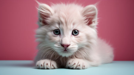 a cute small white cat with blue eyes is sitting on a table in this hyper-realistic portrait. the style of the artwork is a combination of dark pink and light crimson, creating a bold colorism effect. this photo, created using zbrush and photo-realistic techniques, showcases the artist's talent in capturing the intricate details of the cat's features. ai generatedの素材