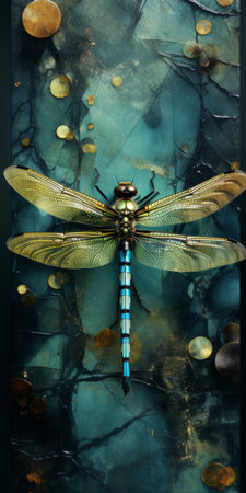 dragonfly perched on vibrant coins, reminiscent of brian despain's style. luxurious wall hangings in dark gold and light cyan hues, inspired by alan lee and peter lippmann. the captivating bioluminescence adds an enchanting touch. available in large canvas sizes for a truly immersive experience. ai generatedの素材