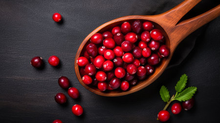 red cranberries in an old wooden spoon on the counter, showcasing the multi-layered, low resolution aesthetic. the youthful energy of the image is enhanced by the smooth and shiny texture of the berries. the use of chalk adds an eye-catching element, creating a modern and sleek composition. ai generatedの素材