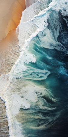 aerial view photo of a whale gracefully strolling along a sandy beach. the image showcases scarlett hooft graafland's signature style of aerial abstractions, with fluid color combinations of dark aquamarine and beige. the close-up captures the colorful turbulence surrounding the majestic creature. ai generatedの素材