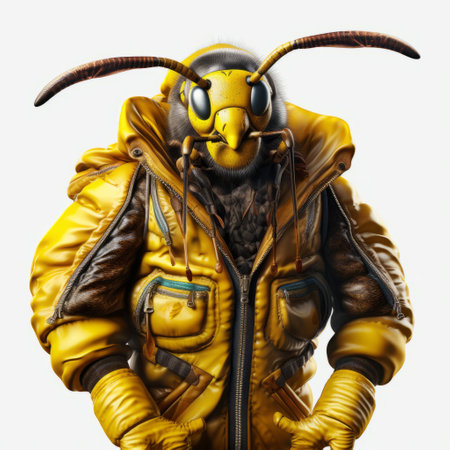 a bee in a yellow outfit, depicted in a post-apocalyptic futurism art style, is showcased in this transparent png download. created by raphael lacoste, the artwork features hyper-realistic details and a low depth of field. the character design is intricately detailed, reminiscent of the frostpunk aesthetic. this piece draws inspiration from the works of kenny scharf. ai generatedの素材